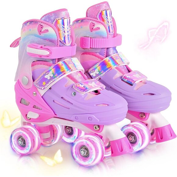 Kids Rose Red Light Up Wheels Adjustable Youth Plastic Roller Skates Shoes